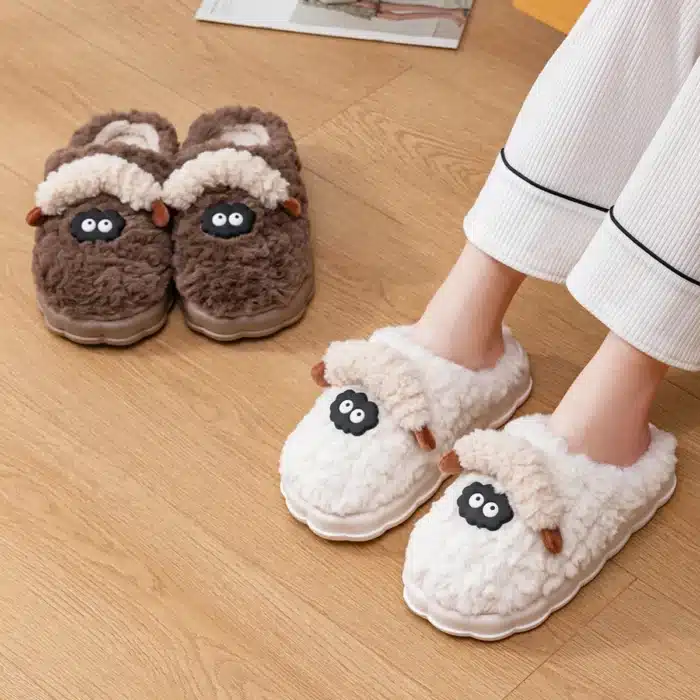 TZLDN femmes hiver chaud dessin animé mouton pantoufles bout fermé antidérapant fourrure maison chaussures femmes intérieur chambre en peluche pantoufles 3