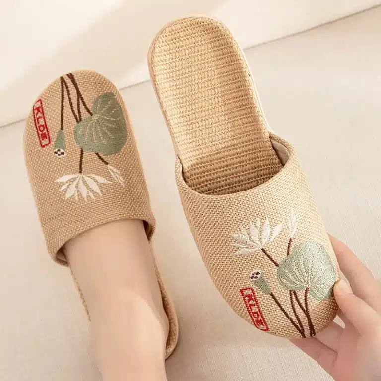 Pantoufles Femme Lin Style Japonais Fleurs 1