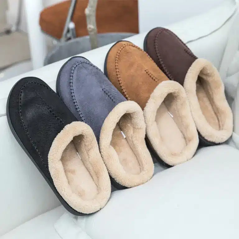 Chaussons pour hommes maison hiver intérieur en peluche chaussures chaudes fond épais en peluche imperméable en cuir maison pantoufles homme daim coton chaussures 2