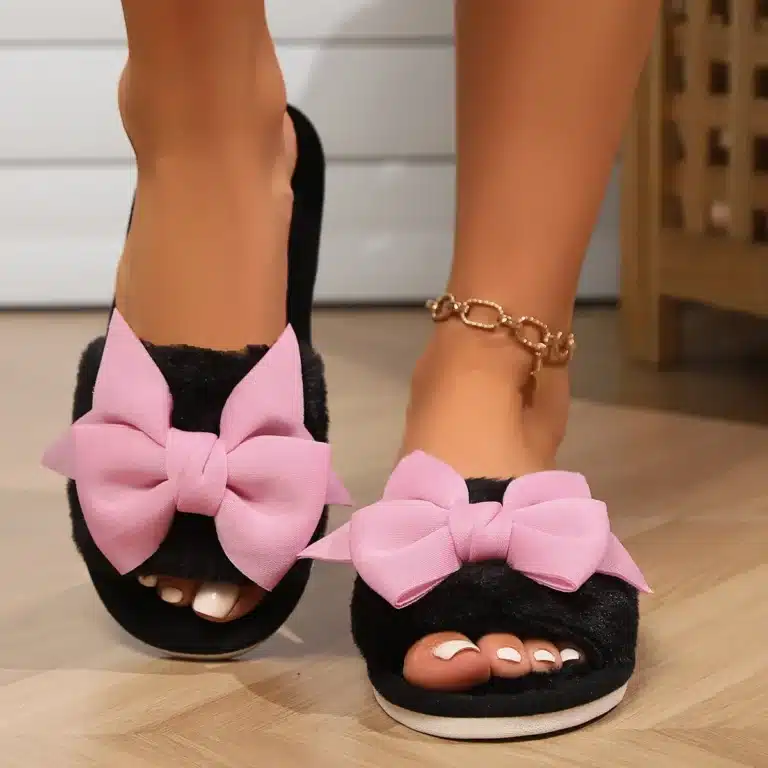 Chaussons Claquettes Fourrure Gros Noeud 1