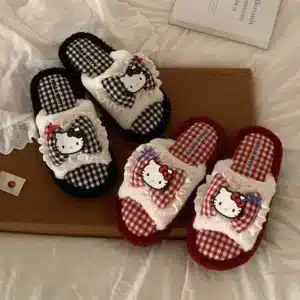 Pantoufles Ouvertes Hello Kitty Fourrure Et Petit Noeud 1