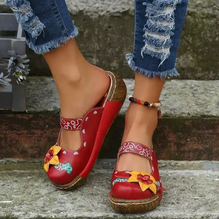 Mules à plateforme florale de style tribal pour femmes, sabots à talons compensés à imprimé floral, chaussures à bout fermé 2