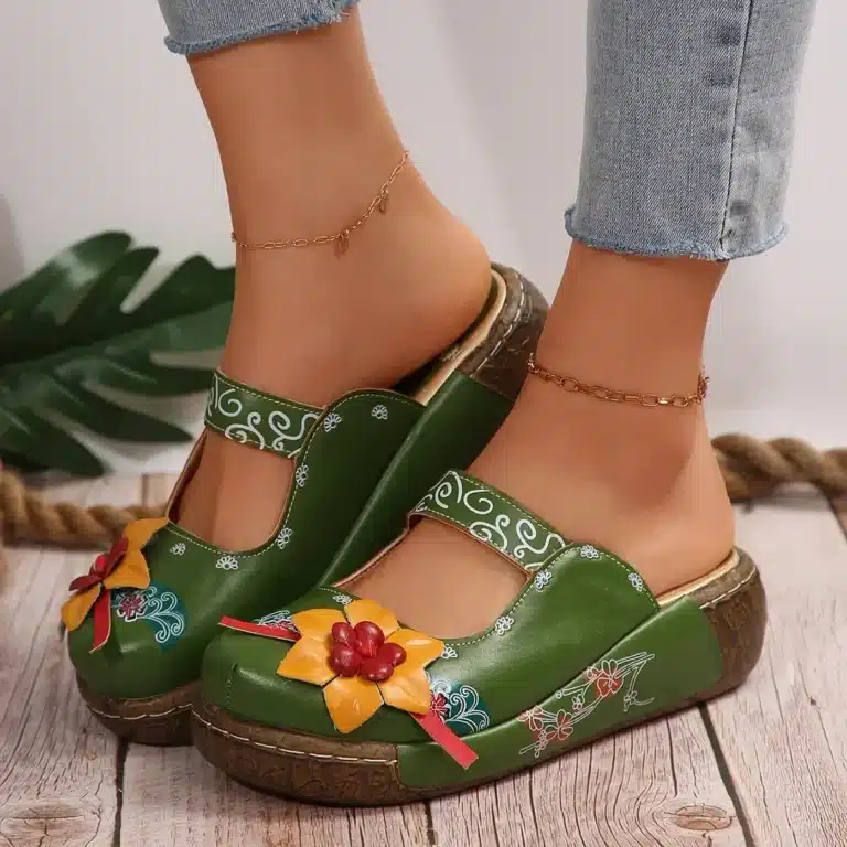 Mules à plateforme florale de style tribal pour femmes, sabots à talons compensés à imprimé floral, chaussures à bout fermé 6