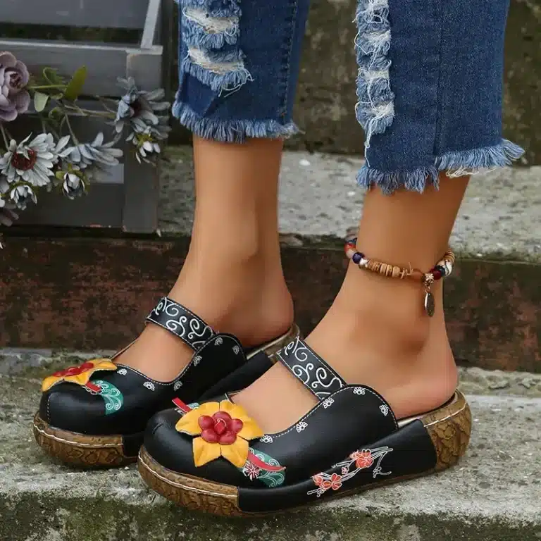 Mules à plateforme florale de style tribal pour femmes, sabots à talons compensés à imprimé floral, chaussures à bout fermé 3