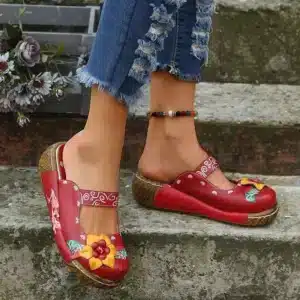 Mules à plateforme florale de style tribal pour femmes, sabots à talons compensés à imprimé floral, chaussures à bout fermé 1